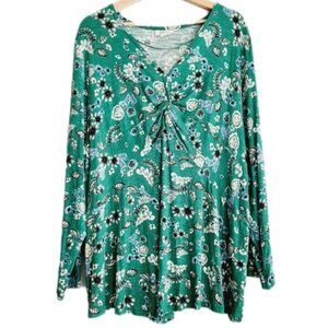 STYLE & CO. New - Green Floral Front Knot Long Sleeve Top  Sz 3X